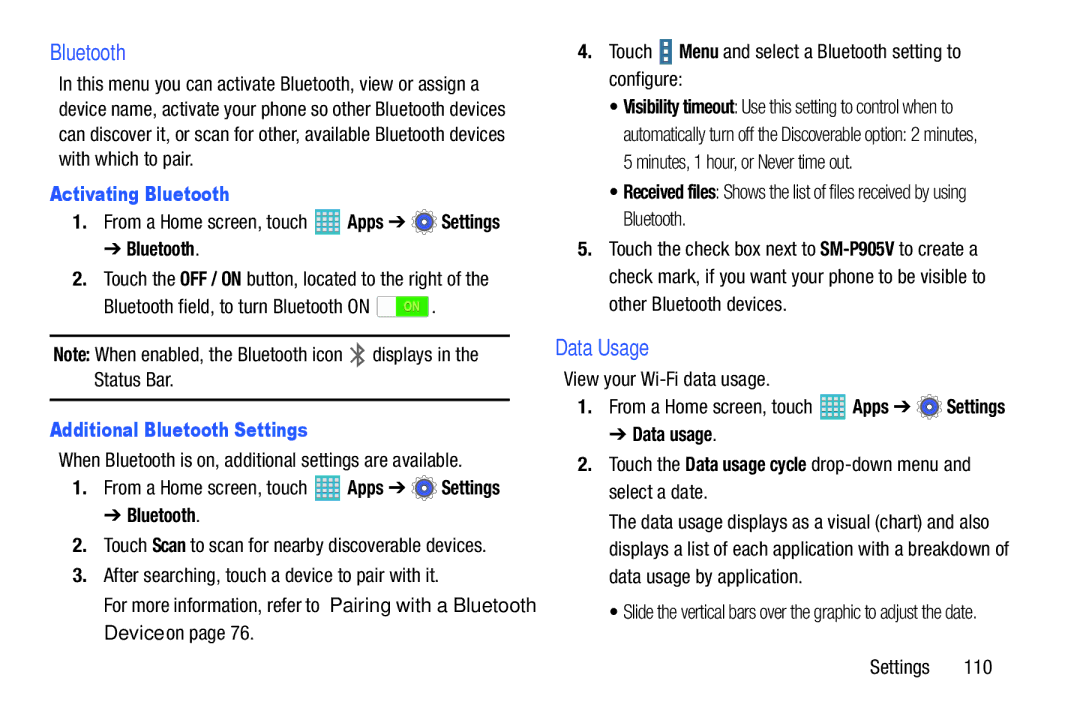 Samsung GH68-40366A manual Data Usage, Activating Bluetooth, Additional Bluetooth Settings 