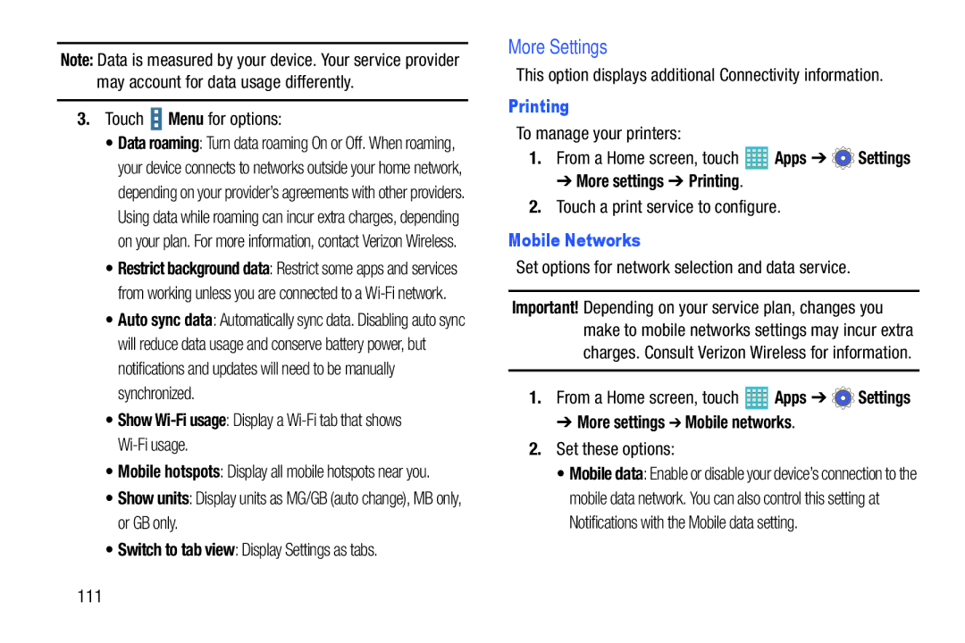 Samsung GH68-40366A manual More Settings, Printing, Mobile Networks 