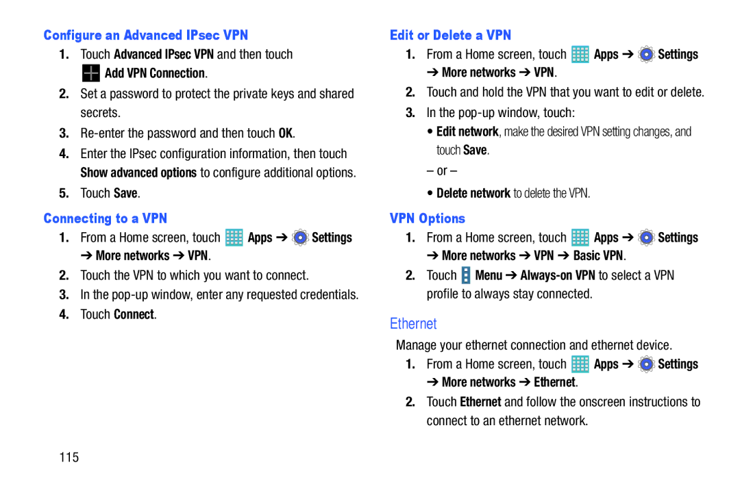 Samsung GH68-40366A Ethernet, Configure an Advanced IPsec VPN, Connecting to a VPN, Edit or Delete a VPN, VPN Options 