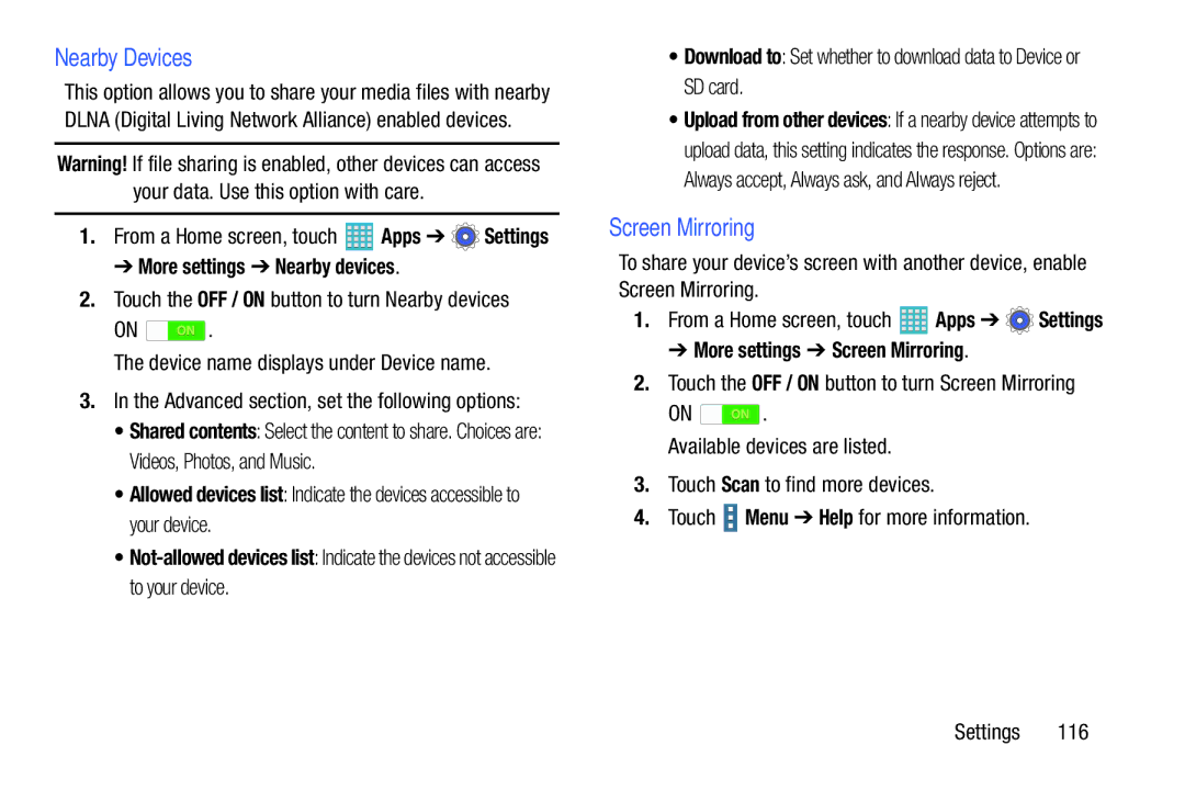 Samsung GH68-40366A manual Nearby Devices, More settings Nearby devices, More settings Screen Mirroring 