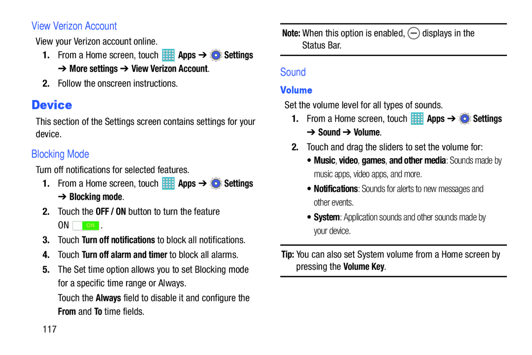 Samsung GH68-40366A manual Device, View Verizon Account, Blocking Mode, Sound, Volume 