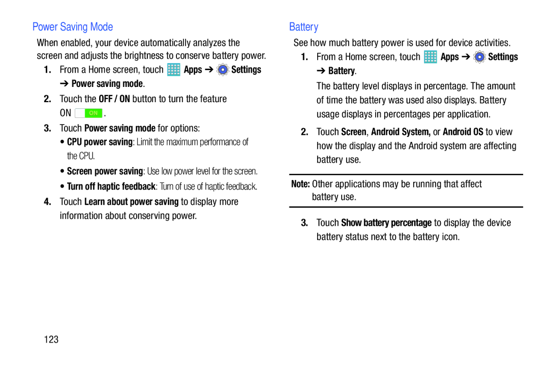 Samsung GH68-40366A manual Power Saving Mode, Battery, Power saving mode 