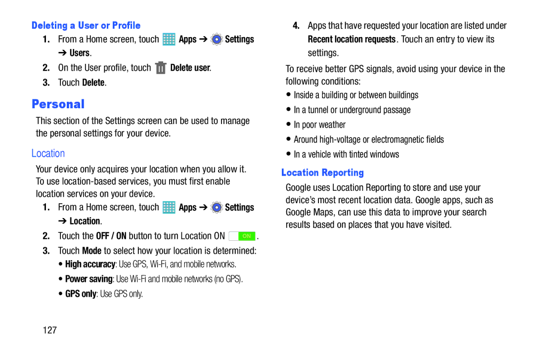 Samsung GH68-40366A manual Personal, Deleting a User or Profile, Location Reporting 