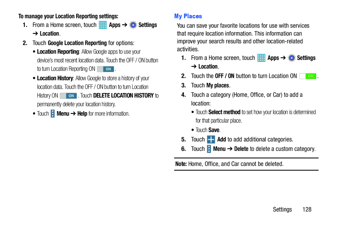 Samsung GH68-40366A manual To manage your Location Reporting settings, Location Touch Google Location Reporting for options 