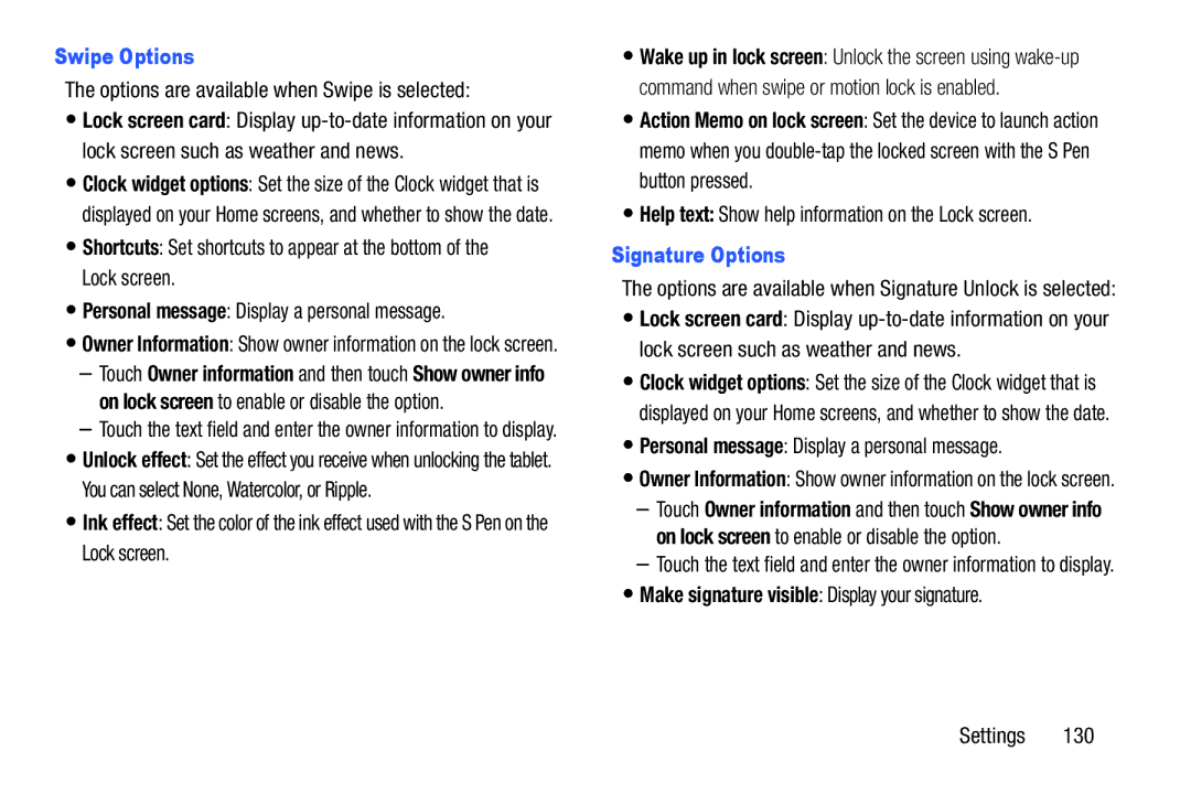 Samsung GH68-40366A manual Swipe Options, Options are available when Swipe is selected, Signature Options 