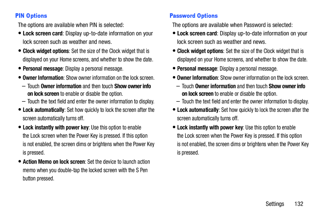 Samsung GH68-40366A manual PIN Options, Options are available when PIN is selected, Password Options 