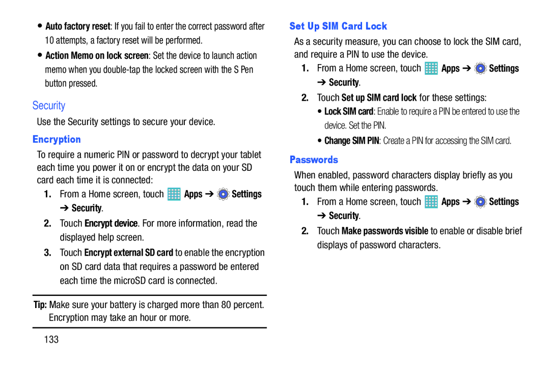 Samsung GH68-40366A manual Security, Encryption, Set Up SIM Card Lock, Passwords 