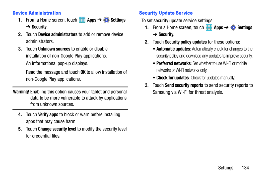 Samsung GH68-40366A manual Device Administration, Security Update Service, To set security update service settings 