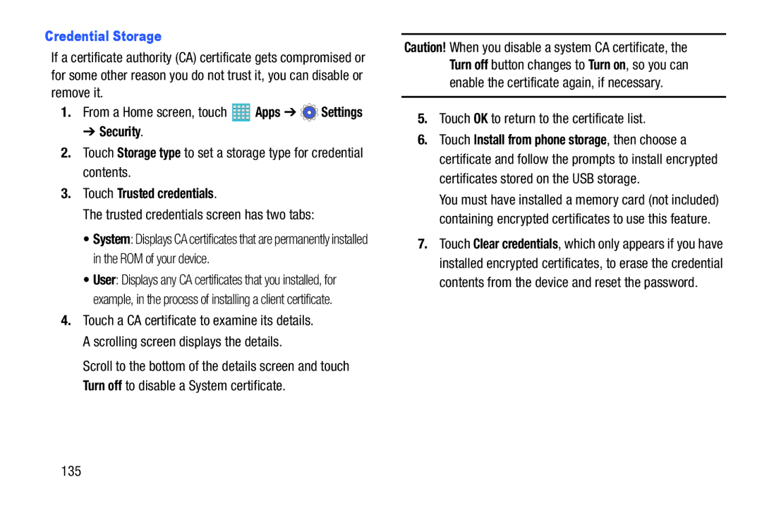 Samsung GH68-40366A manual Credential Storage, Touch Trusted credentials, Trusted credentials screen has two tabs, 135 