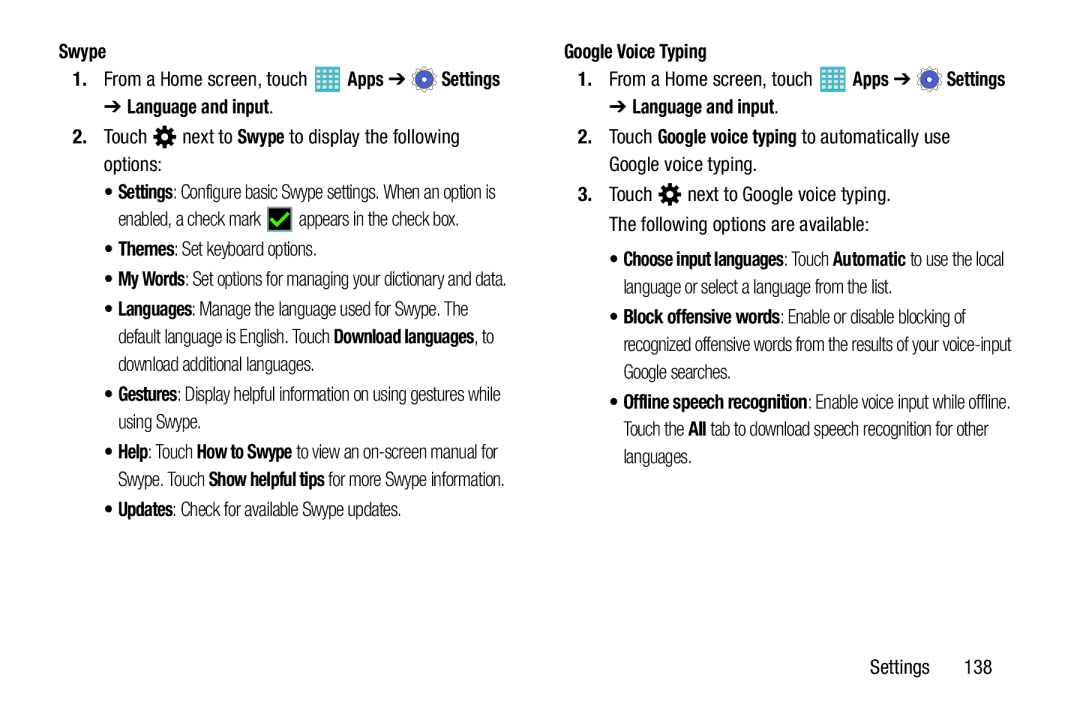 Samsung GH68-40366A manual Touch next to Swype to display the following options, Themes Set keyboard options 