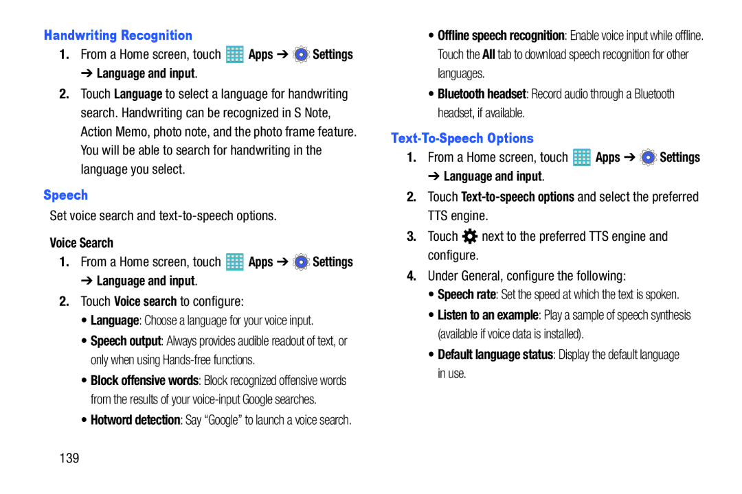 Samsung GH68-40366A manual Handwriting Recognition, Voice Search, Text-To-Speech Options 