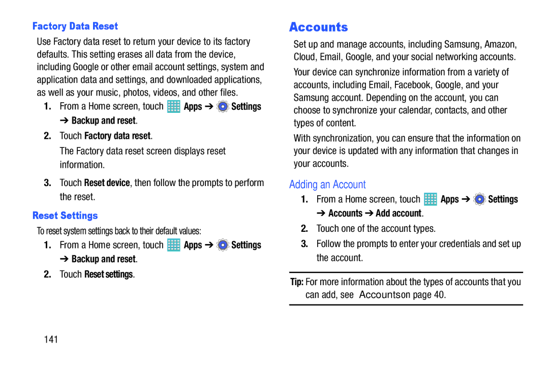 Samsung GH68-40366A manual Adding an Account, Factory Data Reset, Backup and reset Touch Factory data reset, Reset Settings 