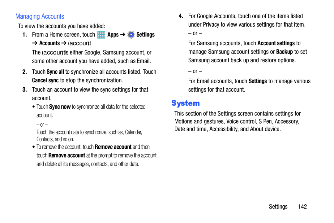 Samsung GH68-40366A manual System, Managing Accounts, To view the accounts you have added, Accounts account 