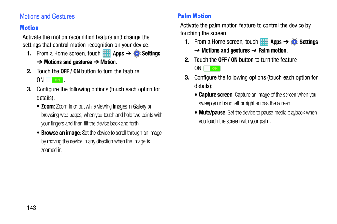 Samsung GH68-40366A manual Motions and Gestures, Motions and gestures Motion, Palm Motion, 143 