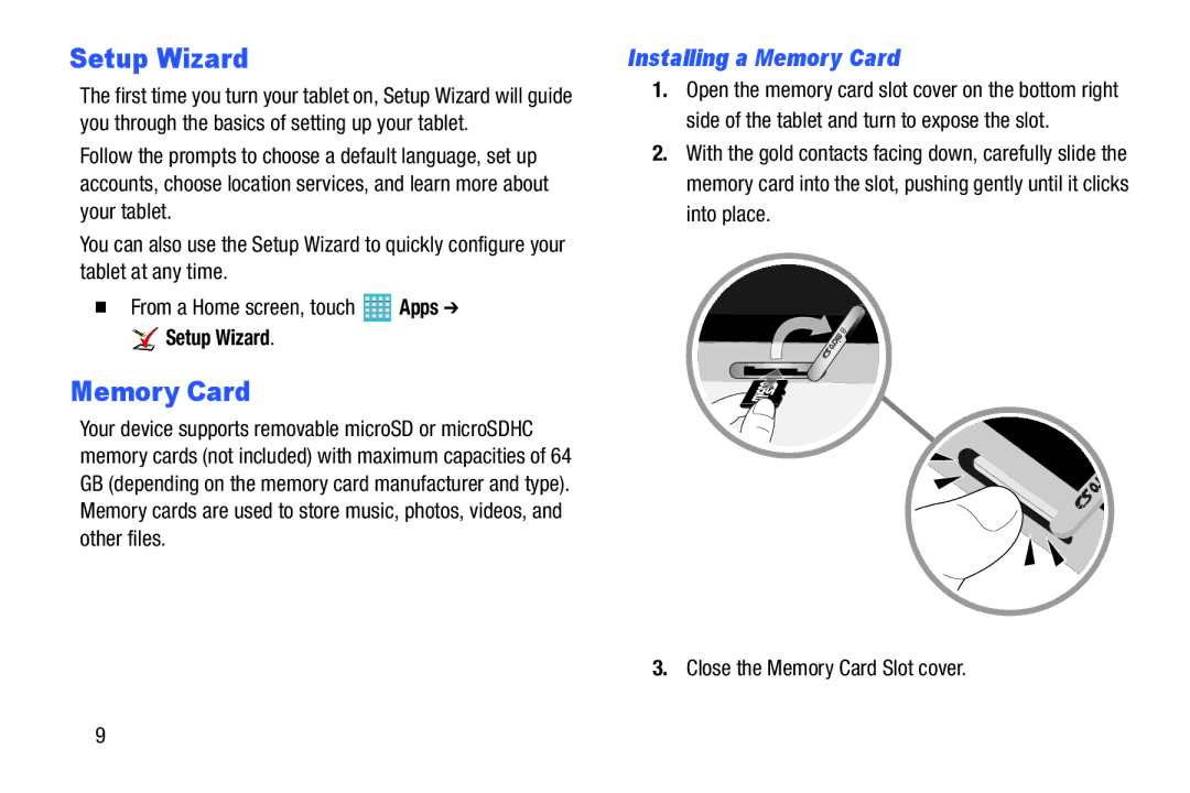 Samsung GH68-40366A manual Setup Wizard, Installing a Memory Card 