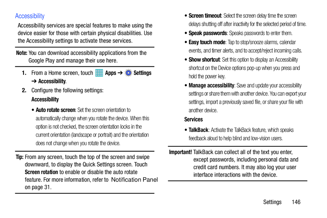 Samsung GH68-40366A manual Accessibility, Configure the following settings, Services 