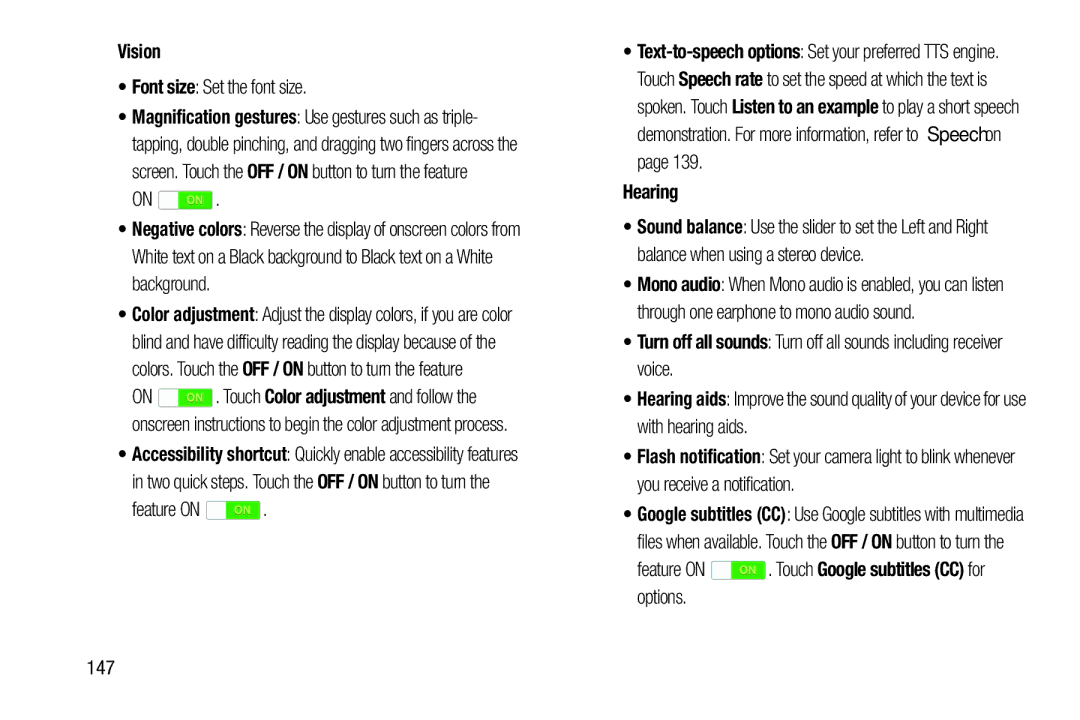 Samsung GH68-40366A Vision, Font size Set the font size, Hearing, Feature on . Touch Google subtitles CC for options 147 