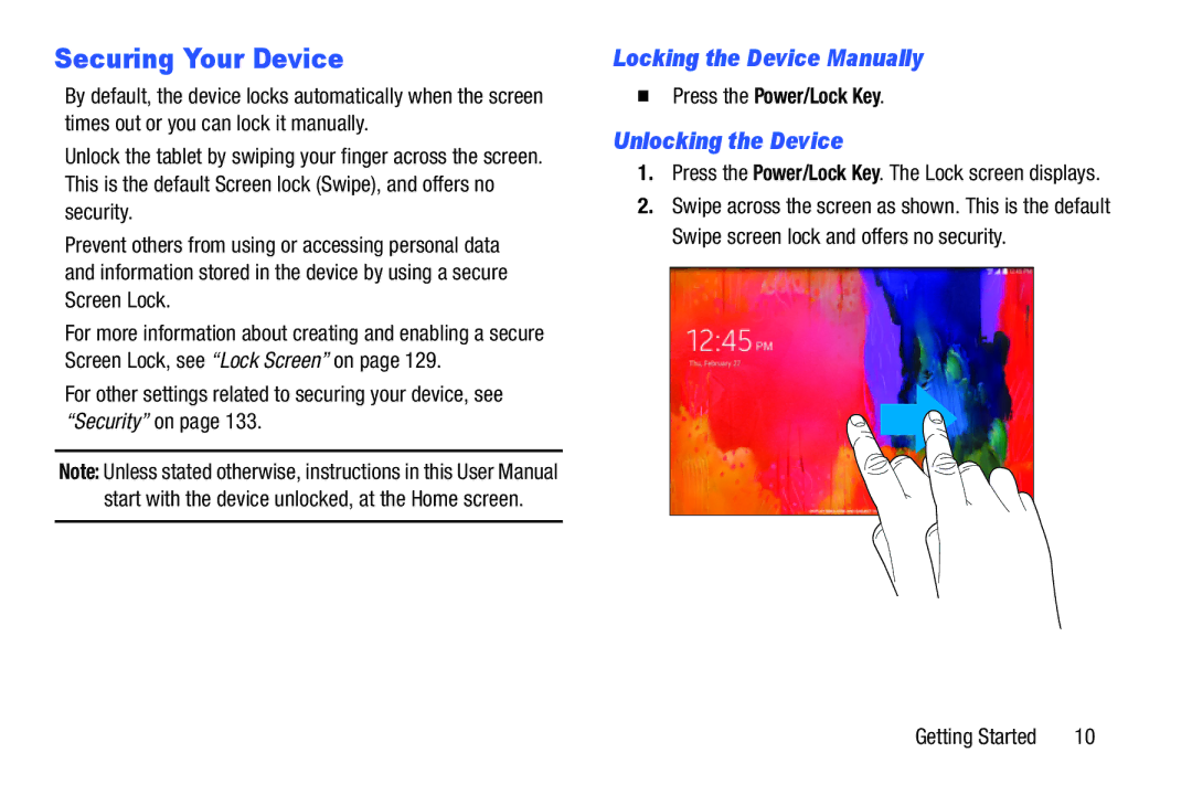 Samsung GH68-40366A Securing Your Device, Locking the Device Manually, Unlocking the Device,  Press the Power/Lock Key 