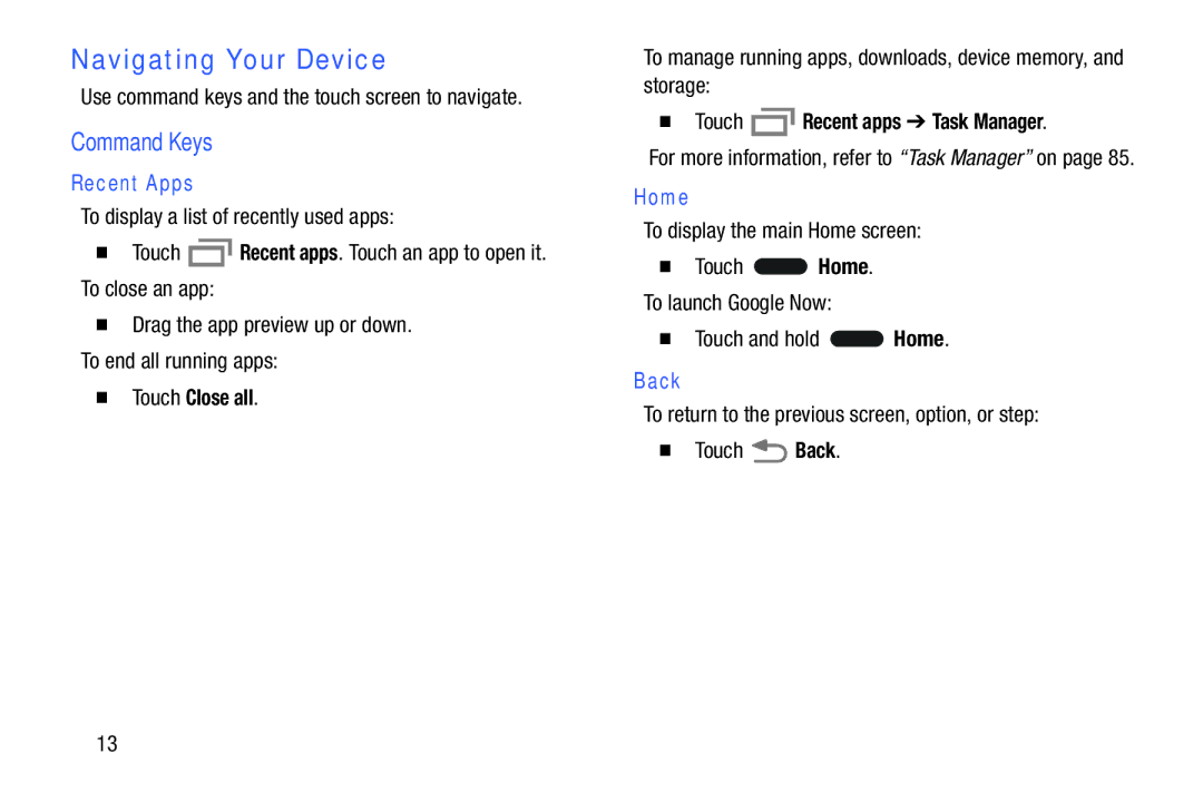 Samsung GH68-40366A manual Navigating Your Device, Command Keys, Recent Apps, Home, Back 