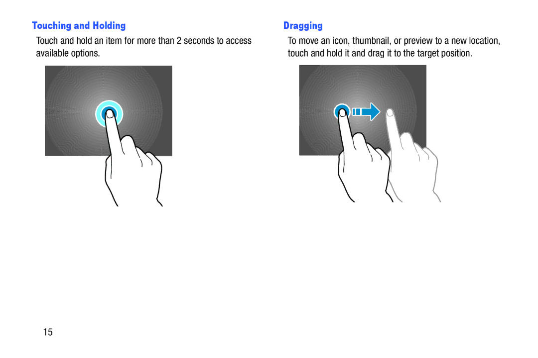 Samsung GH68-40366A manual Touching and Holding Dragging, Available options 