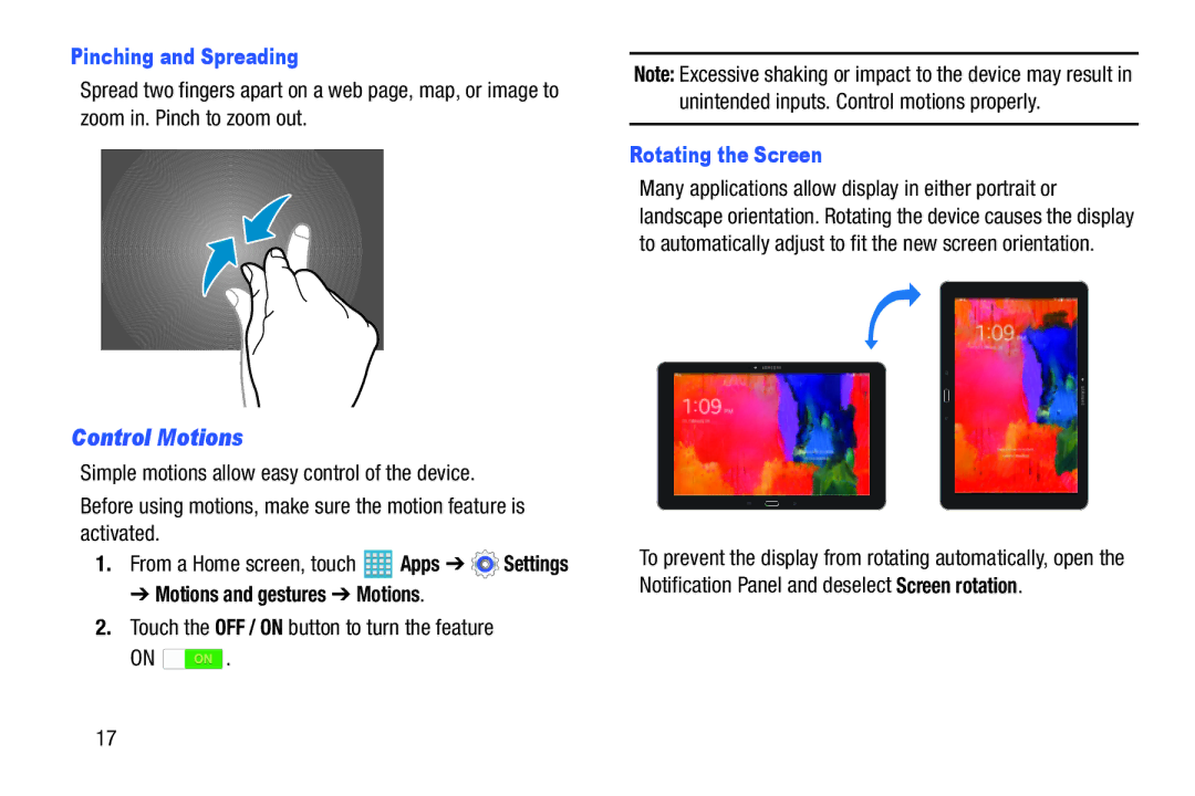 Samsung GH68-40366A manual Control Motions, Pinching and Spreading, Rotating the Screen, Motions and gestures Motions 