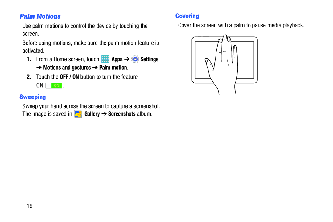 Samsung GH68-40366A manual Palm Motions, Motions and gestures Palm motion, Sweeping, Covering 