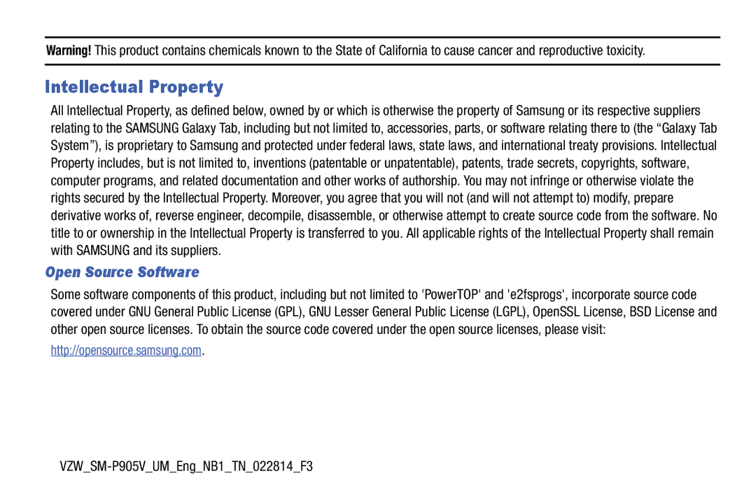 Samsung GH68-40366A manual Intellectual Property, Open Source Software, VZWSM-P905VUMEngNB1TN022814F3 