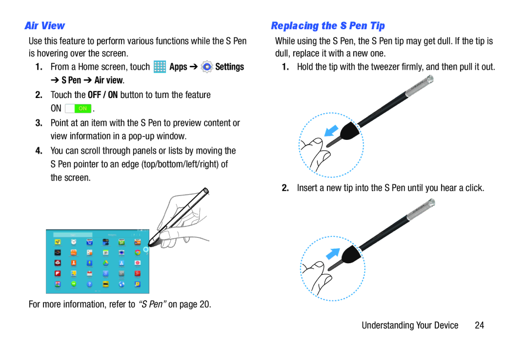 Samsung GH68-40366A manual Air View, Replacing the S Pen Tip, Pen Air view 