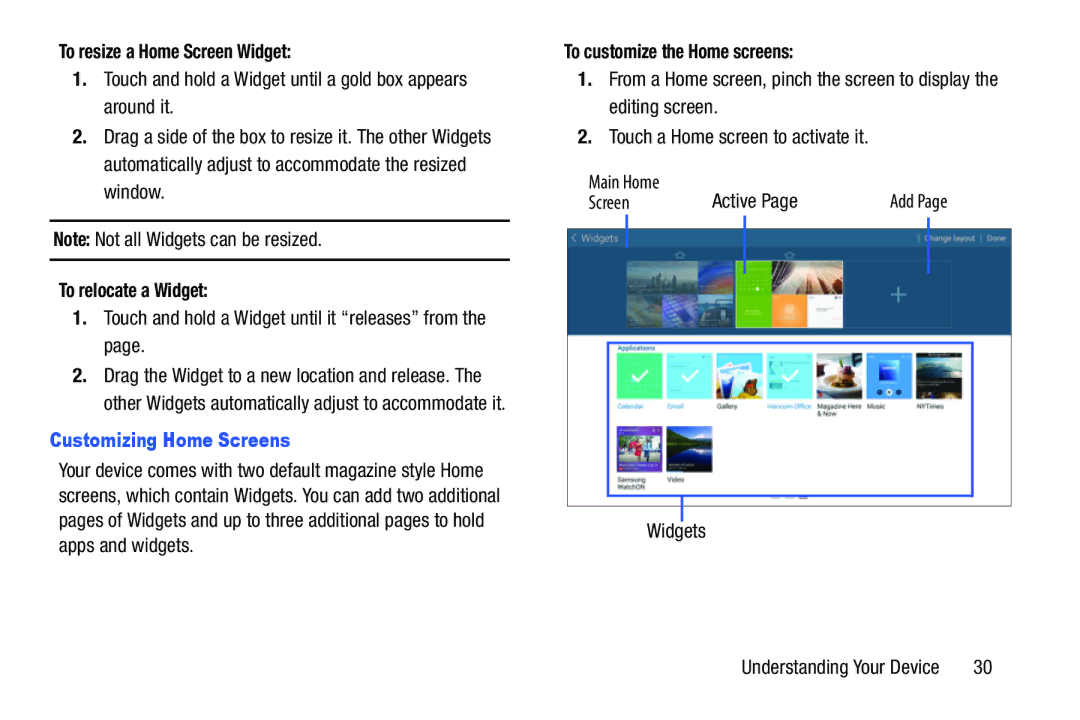 Samsung GH68-40366A manual To resize a Home Screen Widget, To relocate a Widget, Customizing Home Screens 