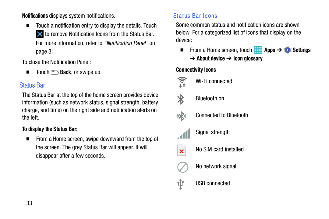 Samsung GH68-40366A manual To display the Status Bar, Status Bar Icons, About device Icon glossary Connectivity Icons 