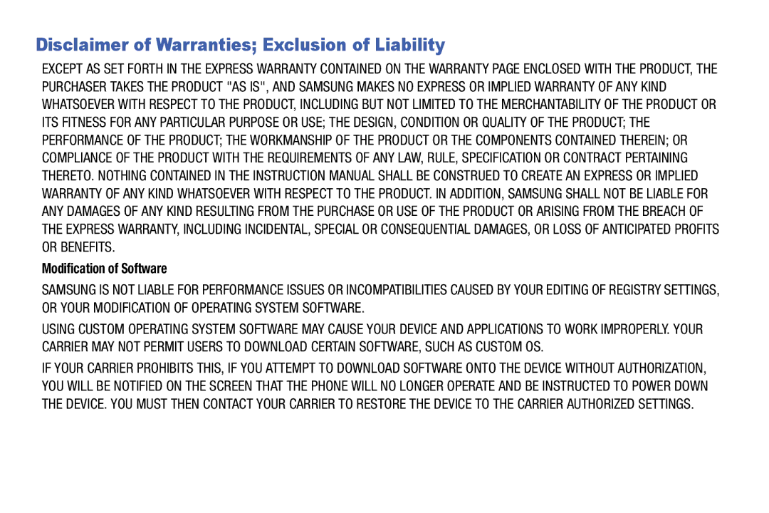 Samsung GH68-40366A manual Disclaimer of Warranties Exclusion of Liability, Modification of Software 