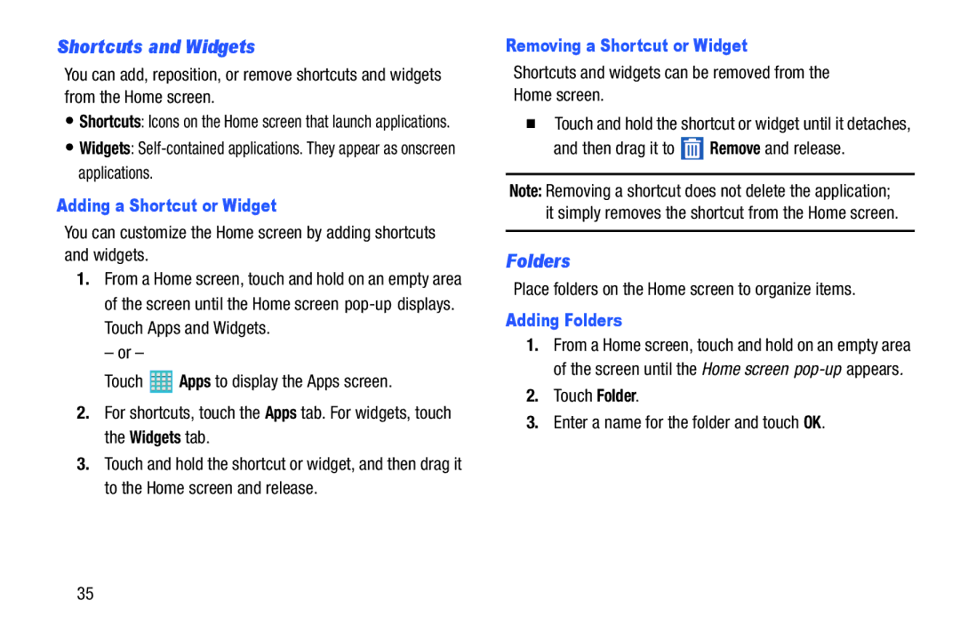 Samsung GH68-40366A manual Shortcuts and Widgets, Folders, Adding a Shortcut or Widget, Removing a Shortcut or Widget 