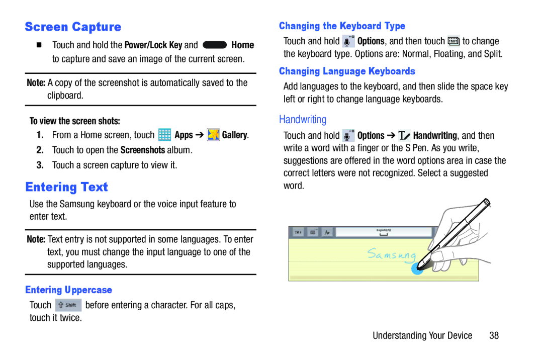 Samsung GH68-40366A manual Screen Capture, Entering Text, Handwriting 