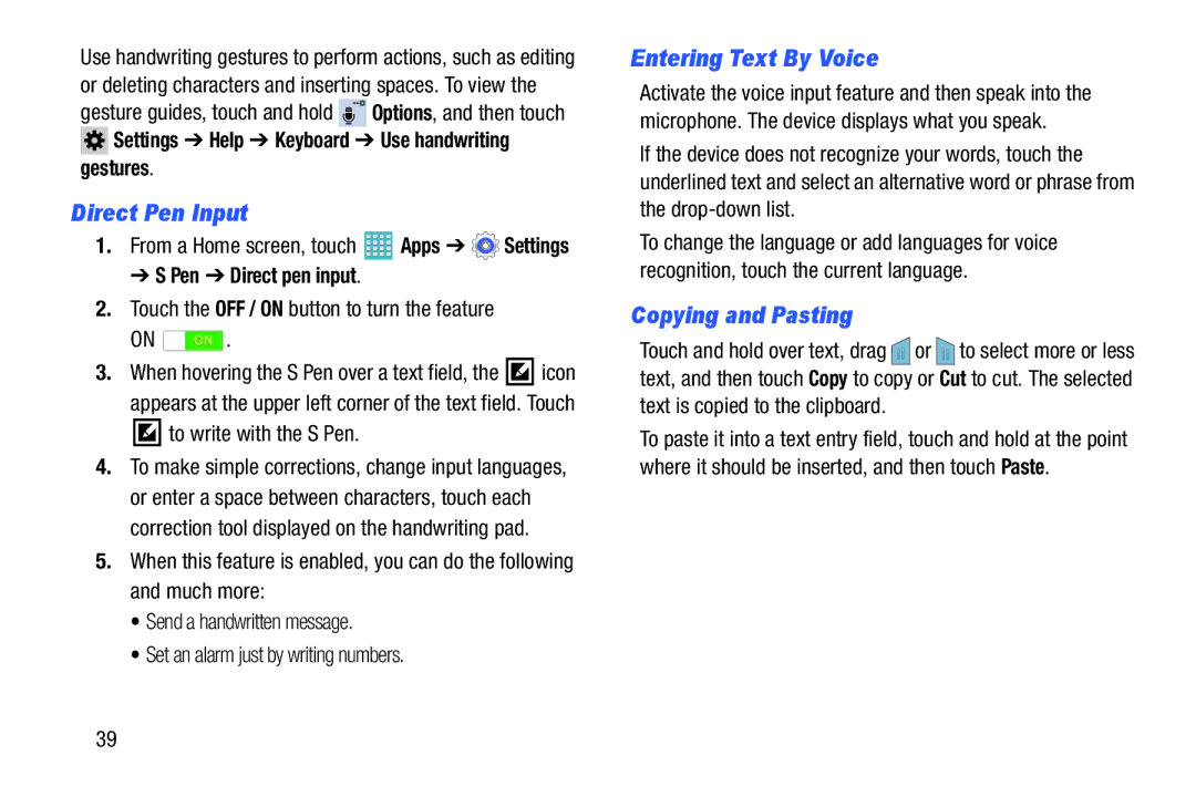 Samsung GH68-40366A manual Direct Pen Input, Entering Text By Voice, Copying and Pasting, Gestures, Pen Direct pen input 