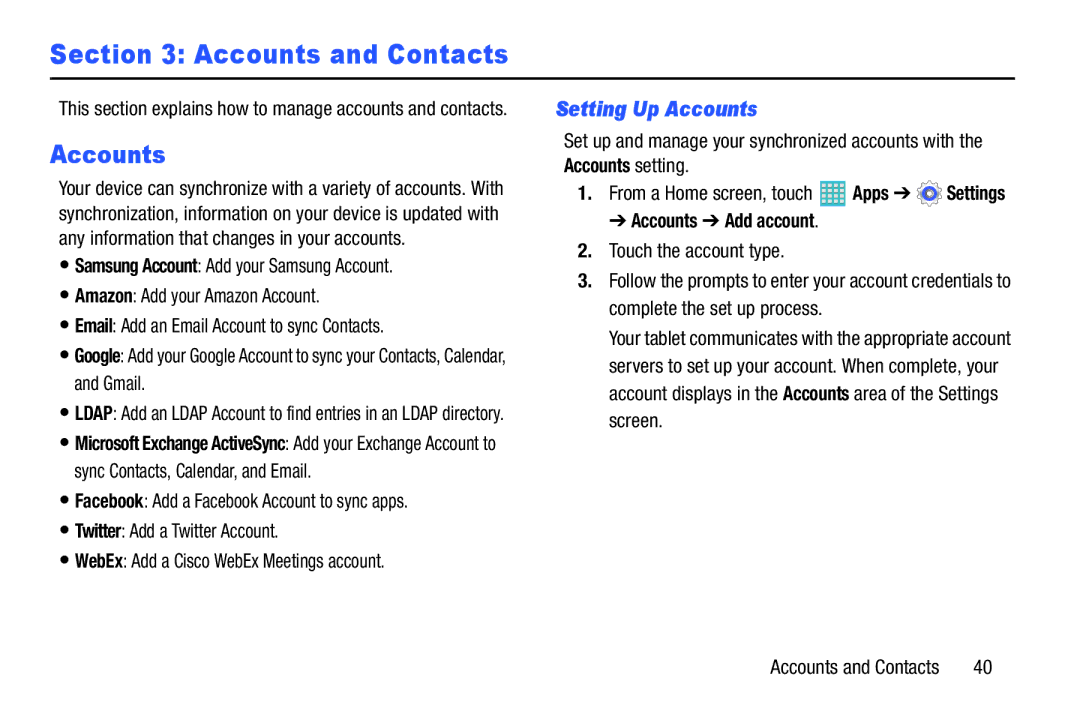 Samsung GH68-40366A manual Setting Up Accounts, Accounts setting, Accounts Add account 