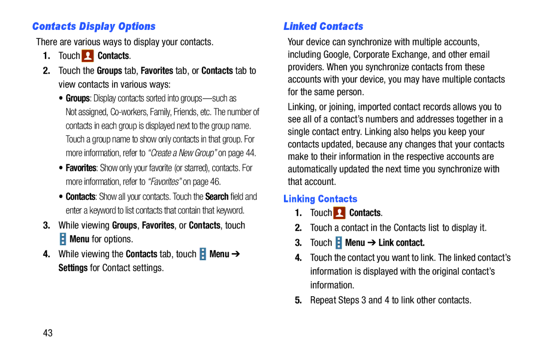 Samsung GH68-40366A manual Contacts Display Options, Linked Contacts, Linking Contacts, Touch Menu Link contact 