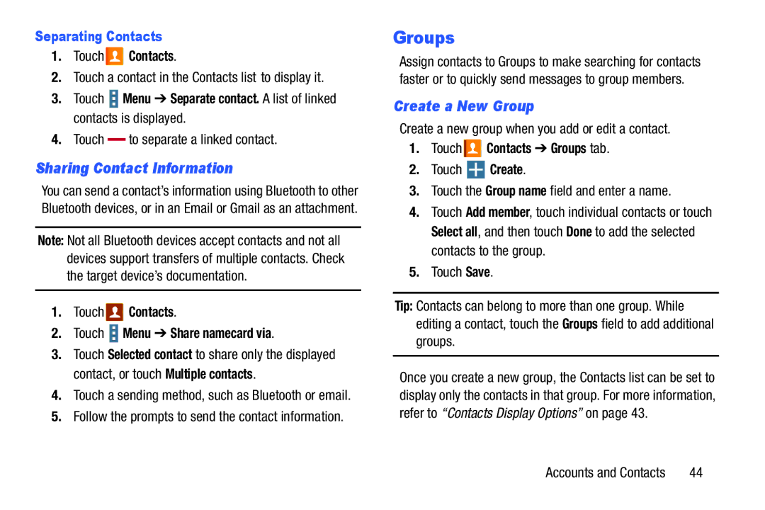 Samsung GH68-40366A manual Groups, Sharing Contact Information, Create a New Group, Separating Contacts 