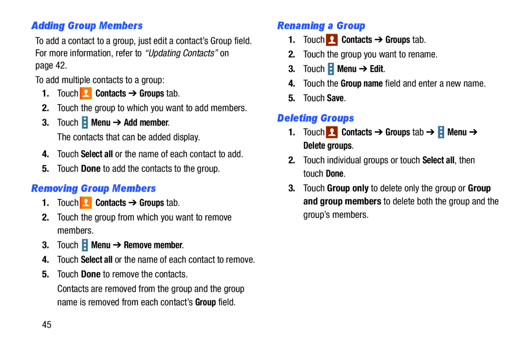 Samsung GH68-40366A manual Adding Group Members, Removing Group Members, Renaming a Group, Deleting Groups 