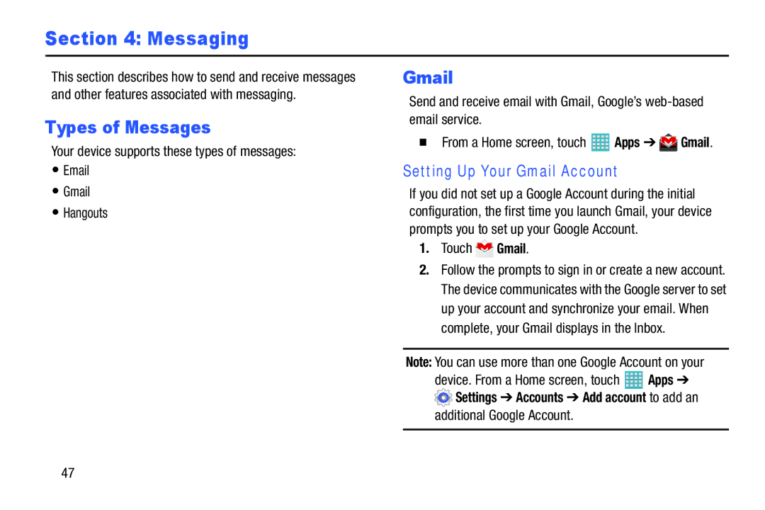 Samsung GH68-40366A manual Types of Messages, Setting Up Your Gmail Account 