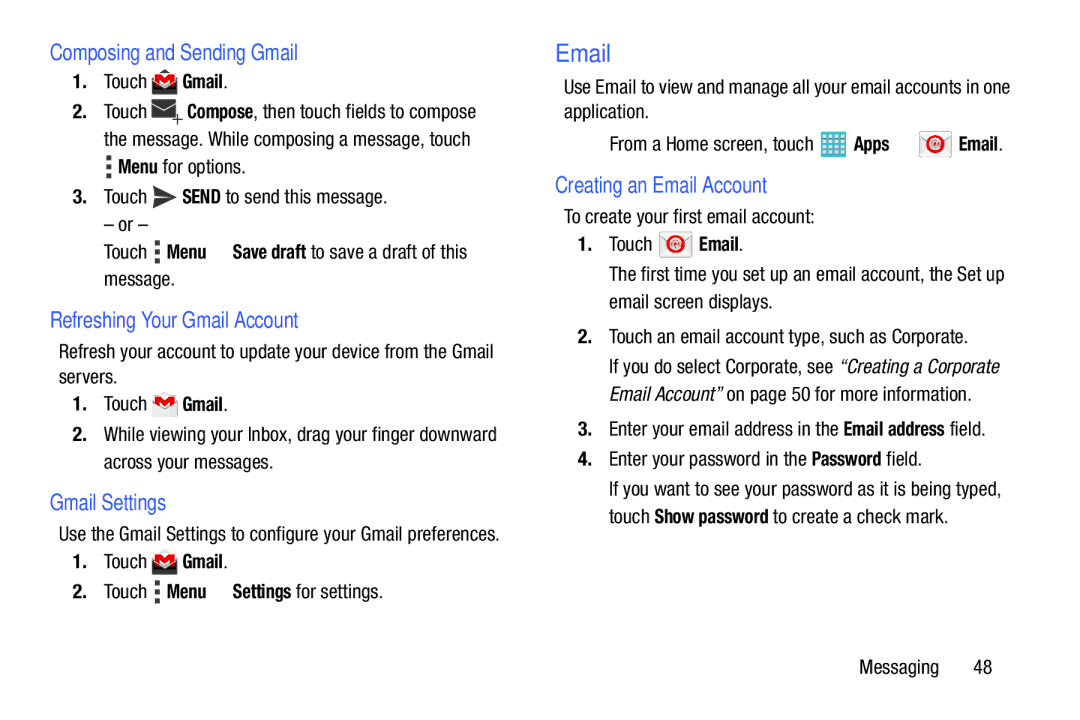 Samsung GH68-40366A Composing and Sending Gmail, Refreshing Your Gmail Account, Gmail Settings, Creating an Email Account 