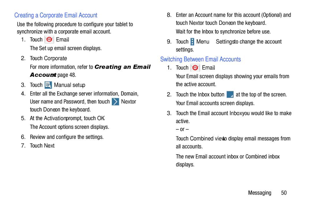 Samsung GH68-40366A manual Creating a Corporate Email Account, Switching Between Email Accounts, Touch Corporate 