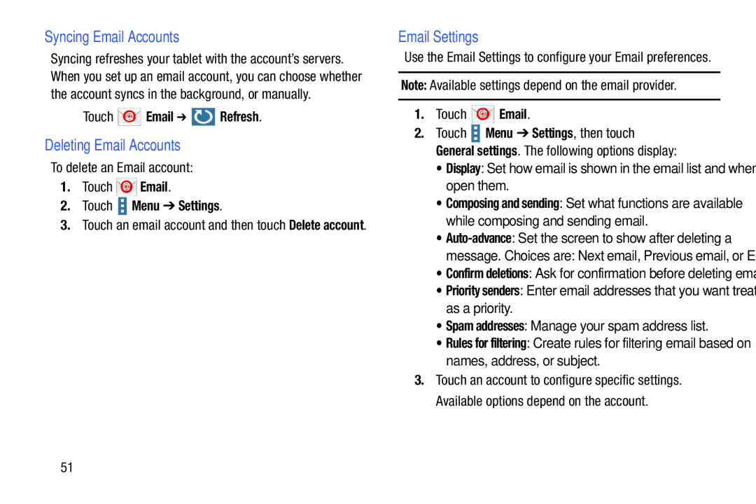 Samsung GH68-40366A manual Syncing Email Accounts, Deleting Email Accounts, Email Settings,  Touch Email Refresh 