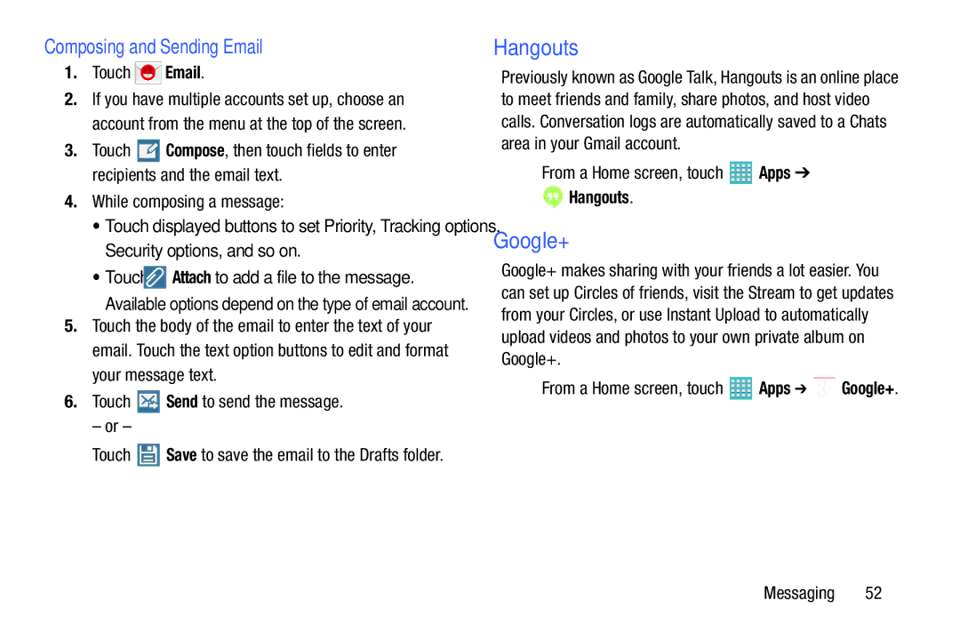 Samsung GH68-40366A manual Hangouts, Google+, Composing and Sending Email, While composing a message 