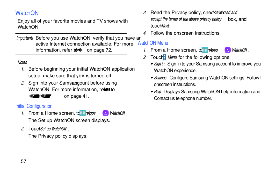 Samsung GH68-40366A manual Initial Configuration, WatchON Menu 