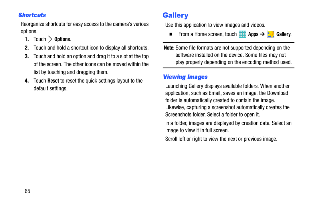 Samsung GH68-40366A Gallery, Shortcuts, Viewing Images, Touch Options, Use this application to view images and videos 