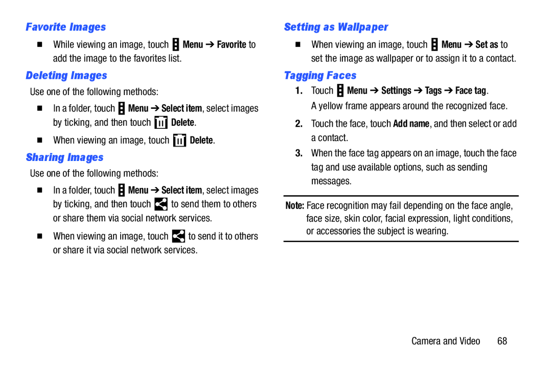 Samsung GH68-40366A manual Favorite Images, Deleting Images, Sharing Images, Setting as Wallpaper, Tagging Faces 