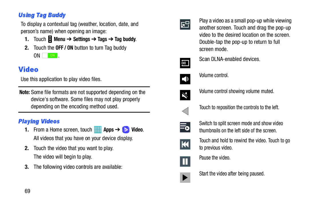 Samsung GH68-40366A manual Video, Using Tag Buddy, Touch Menu Settings Tags Tag buddy 