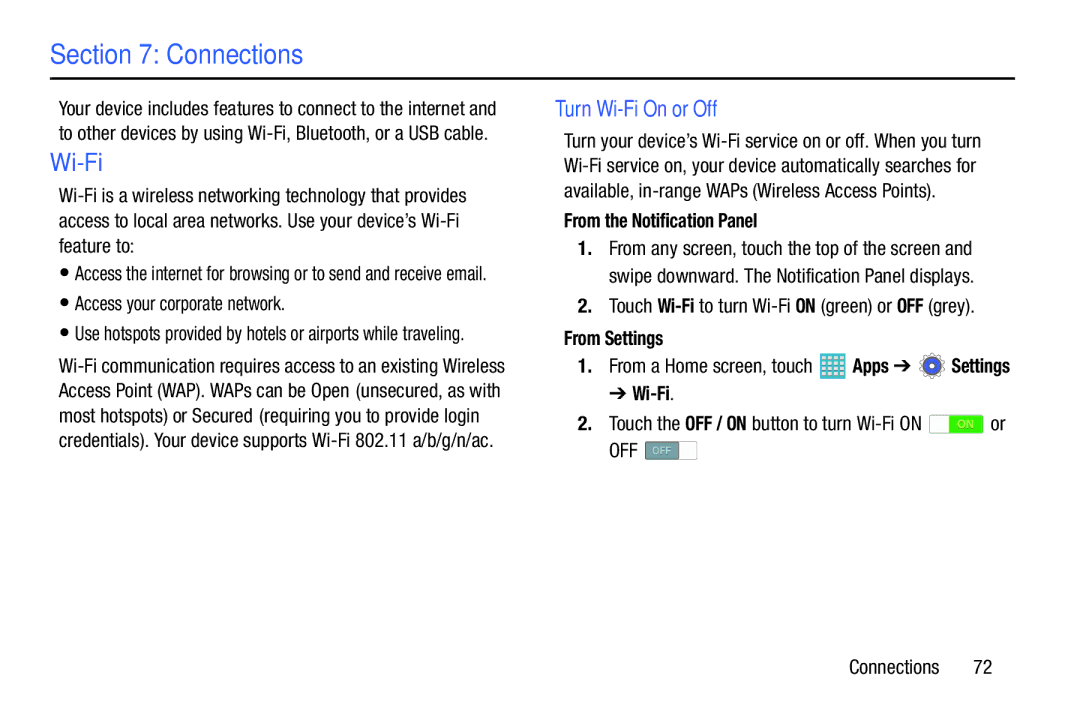 Samsung GH68-40366A manual Turn Wi-Fi On or Off, From the Notification Panel, From Settings 