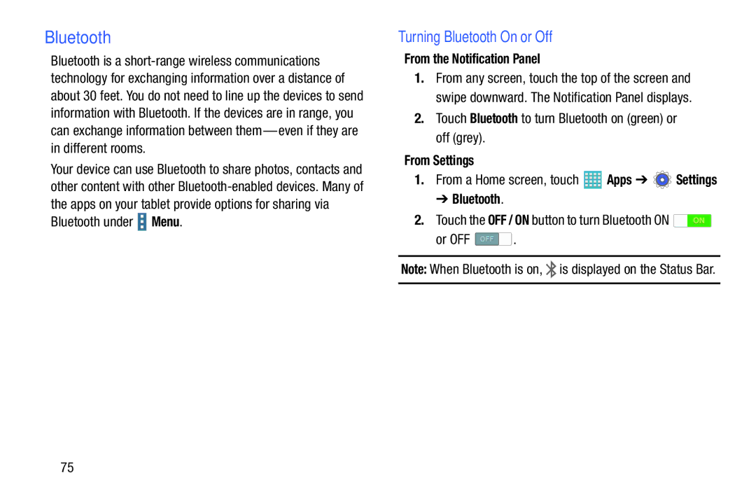 Samsung GH68-40366A manual Turning Bluetooth On or Off, Touch Bluetooth to turn Bluetooth on green or off grey, Or OFF 