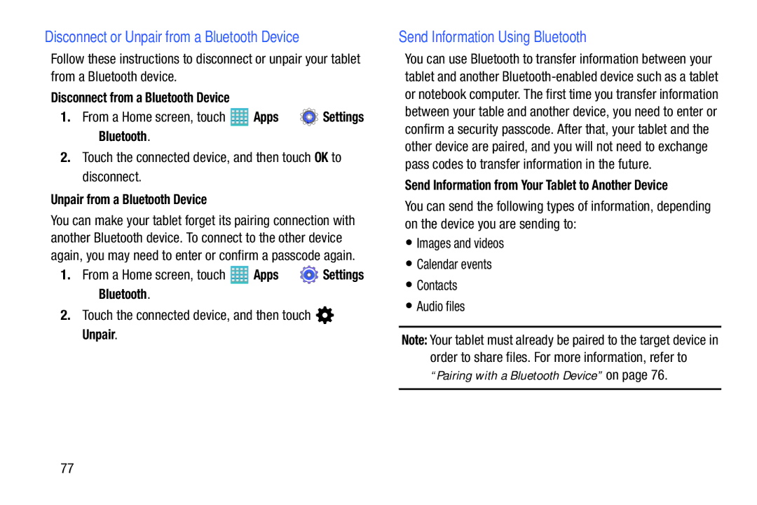 Samsung GH68-40366A Send Information Using Bluetooth, Disconnect from a Bluetooth Device, Unpair from a Bluetooth Device 